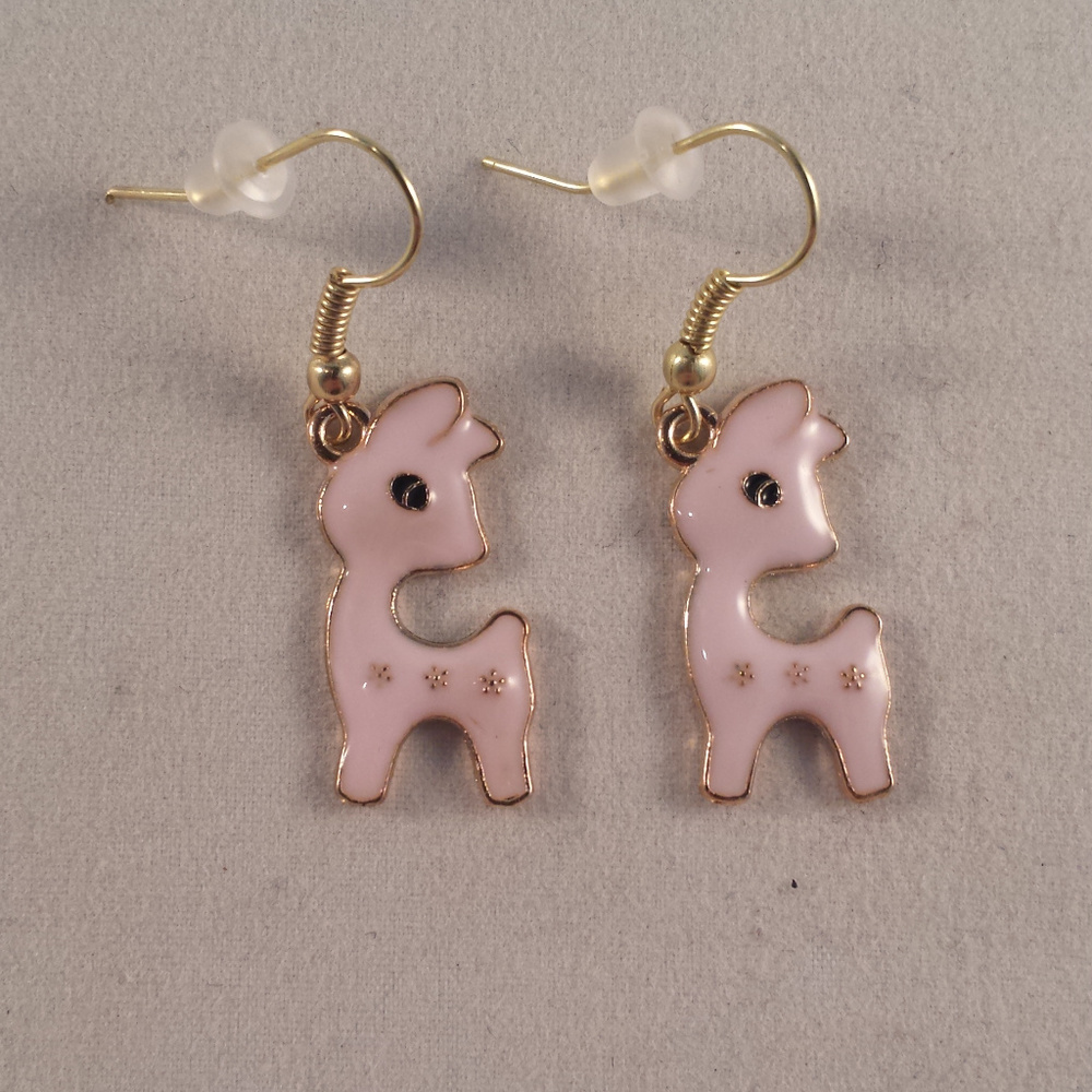 Gold Pink Deer Dangle Earrings Hypoallergenic Hks